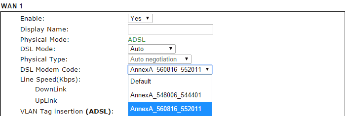 a screenshot of DSL modem code settings on DrayTek DSL routers